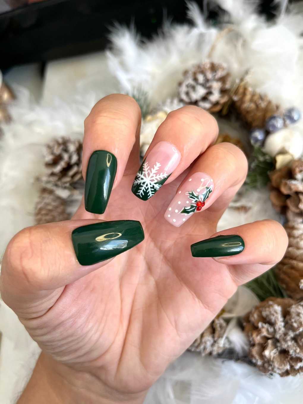 Dark Green Coffin Nails With Snowflake French Tip And Holly