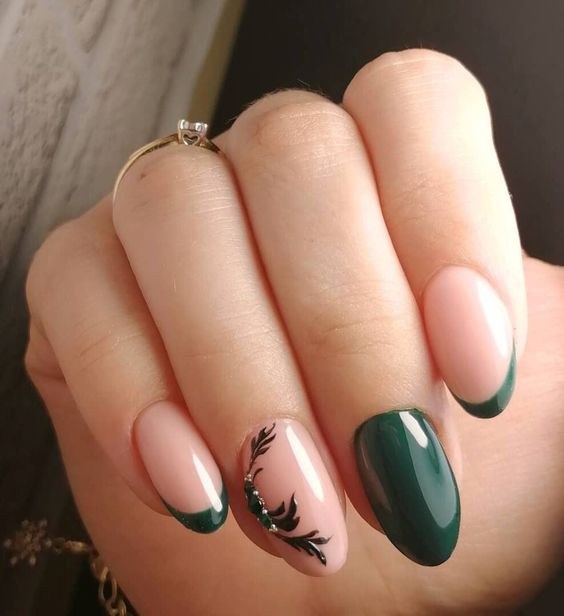 Dark Green French Pine Accent Nails