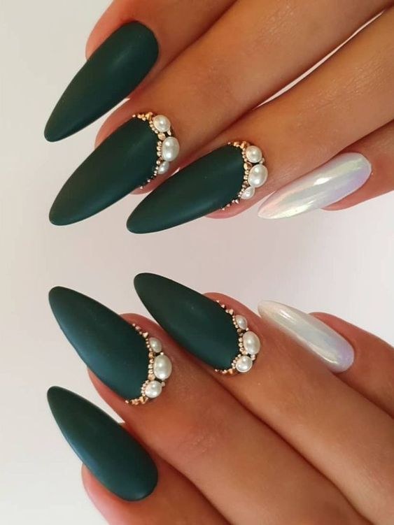 Dark Green Pearl Stiletto Nails