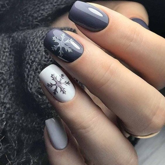 Dark Grey Snowflake White Accent Nails