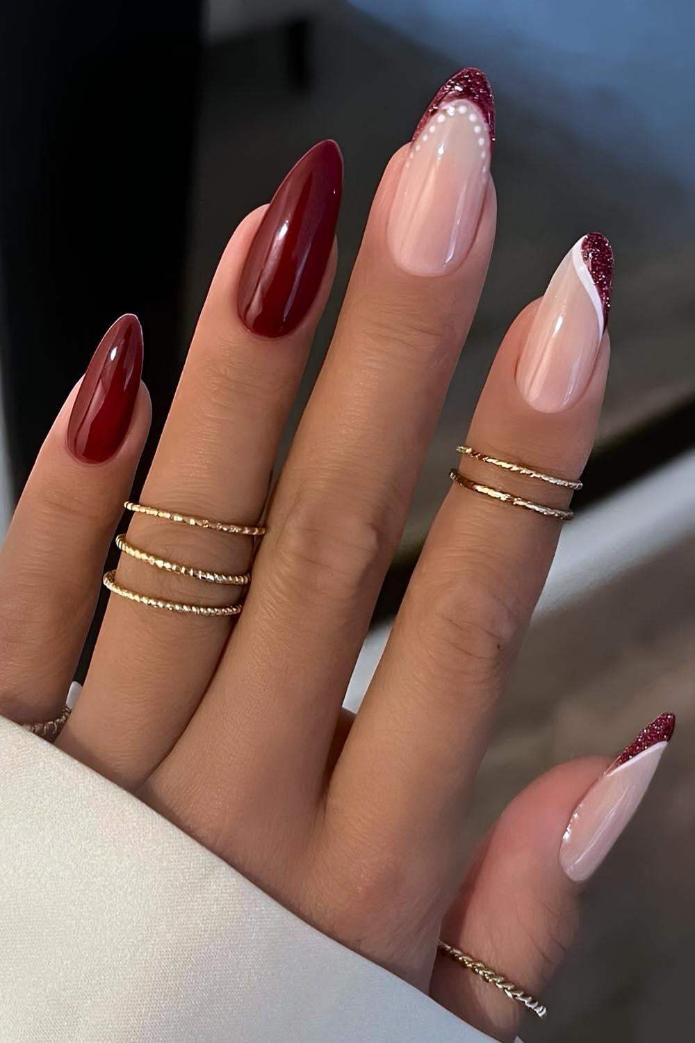 Dark Red Glitter French Nails