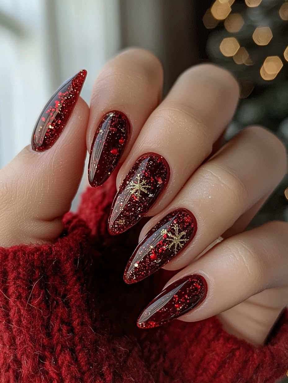 Dark Red Glitter Snowflake Nails