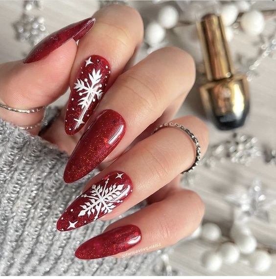 Dark Red Snowflake Nails