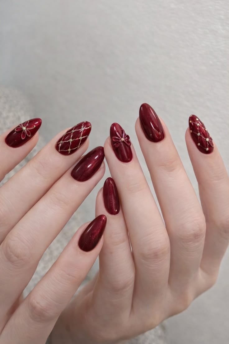 Deep Burgundy Almond Nails