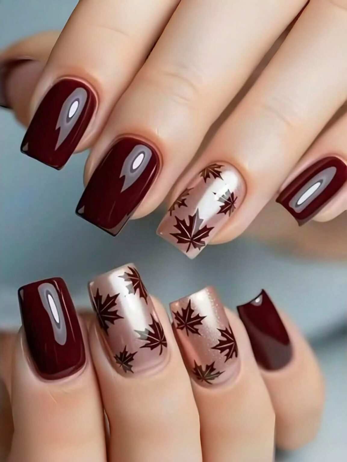 Deep Burgundy Wine And Champagne Leaf Thanksgiving Nails