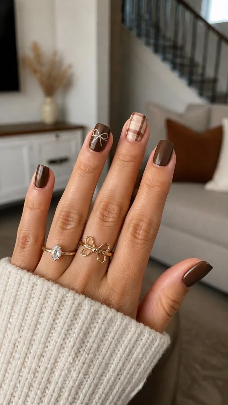 Deep Chocolate Brown Plaid And Bow Nails