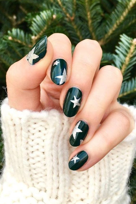 Deep Green Silver Star Nails