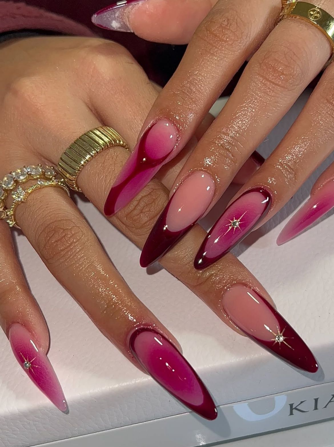 Deep Plum Burgundy Ombre French Stiletto Nails With Star Gems