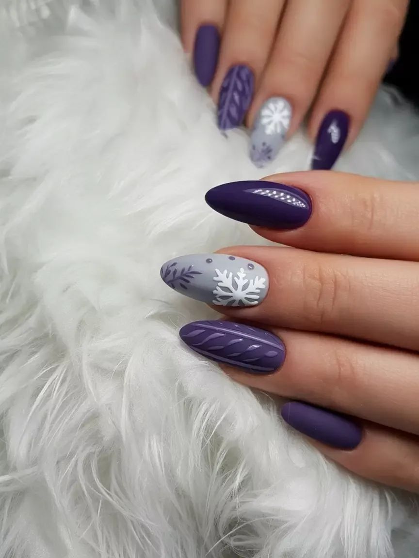 Deep Purple And Grey Winter Sweater Nails With Snowflakes