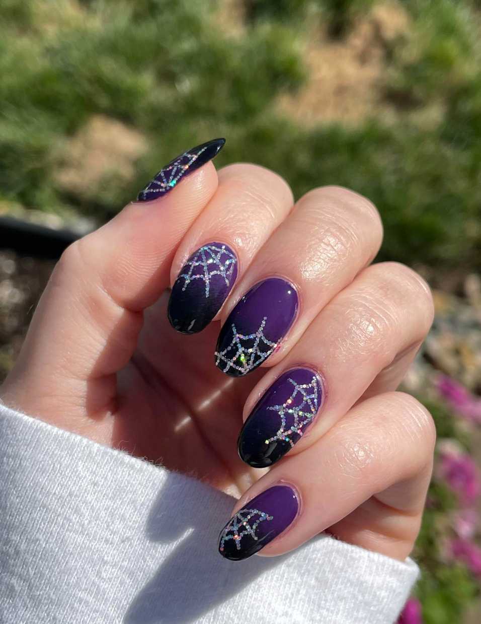 Deep Purple Ombre Almond Nails With Holographic Glitter Spiderwebs