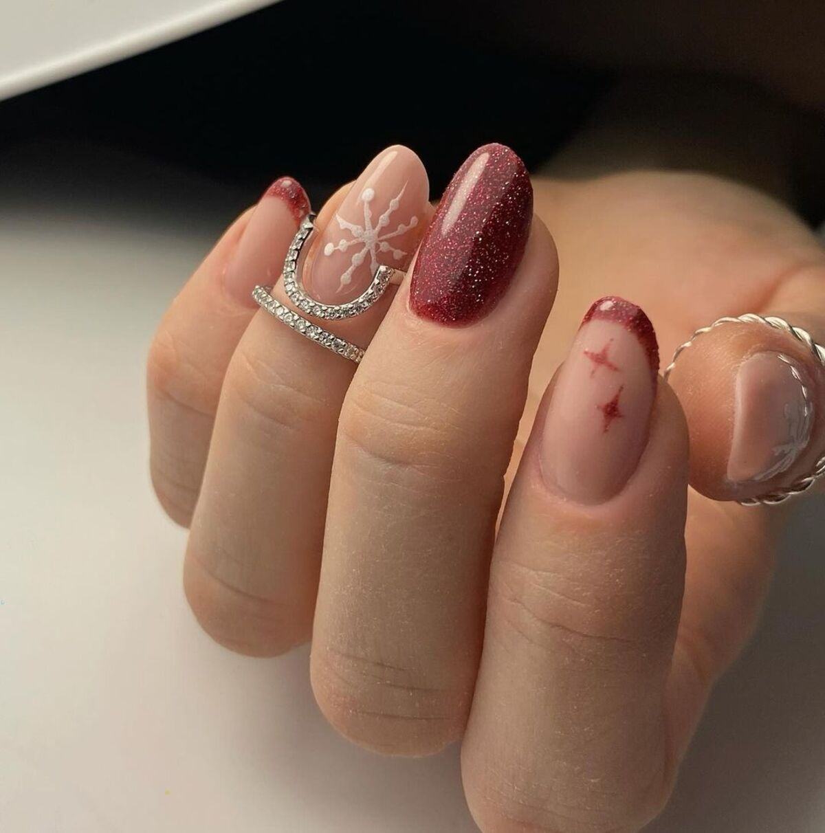 Deep Red Snowflake Glitter Nails