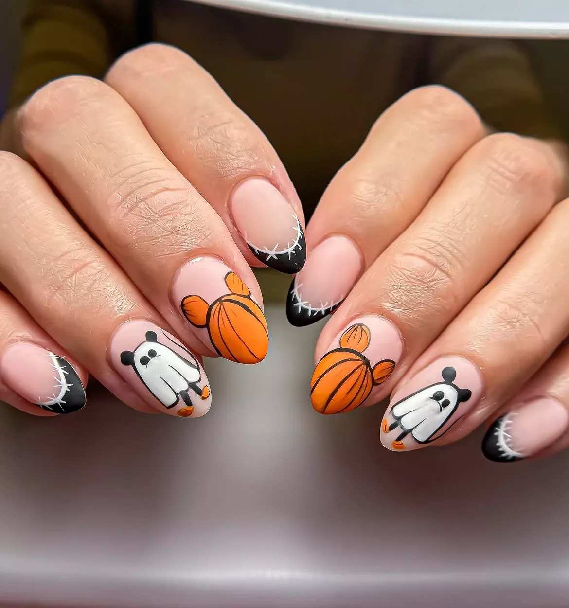 Disney Halloween Nails Mickey Ghost Stitched French