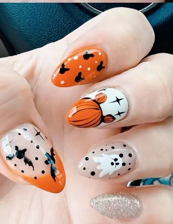 Disney Halloween Nails Mickey Pumpkin Silver Glitter