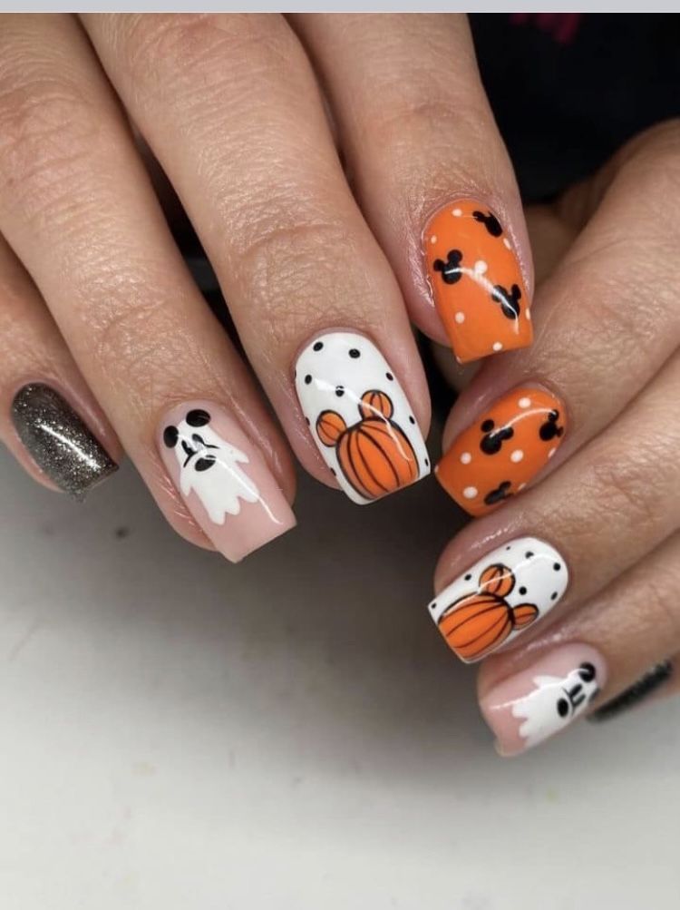 Disney Halloween Nails Square Mickey Ghost Polka Dot