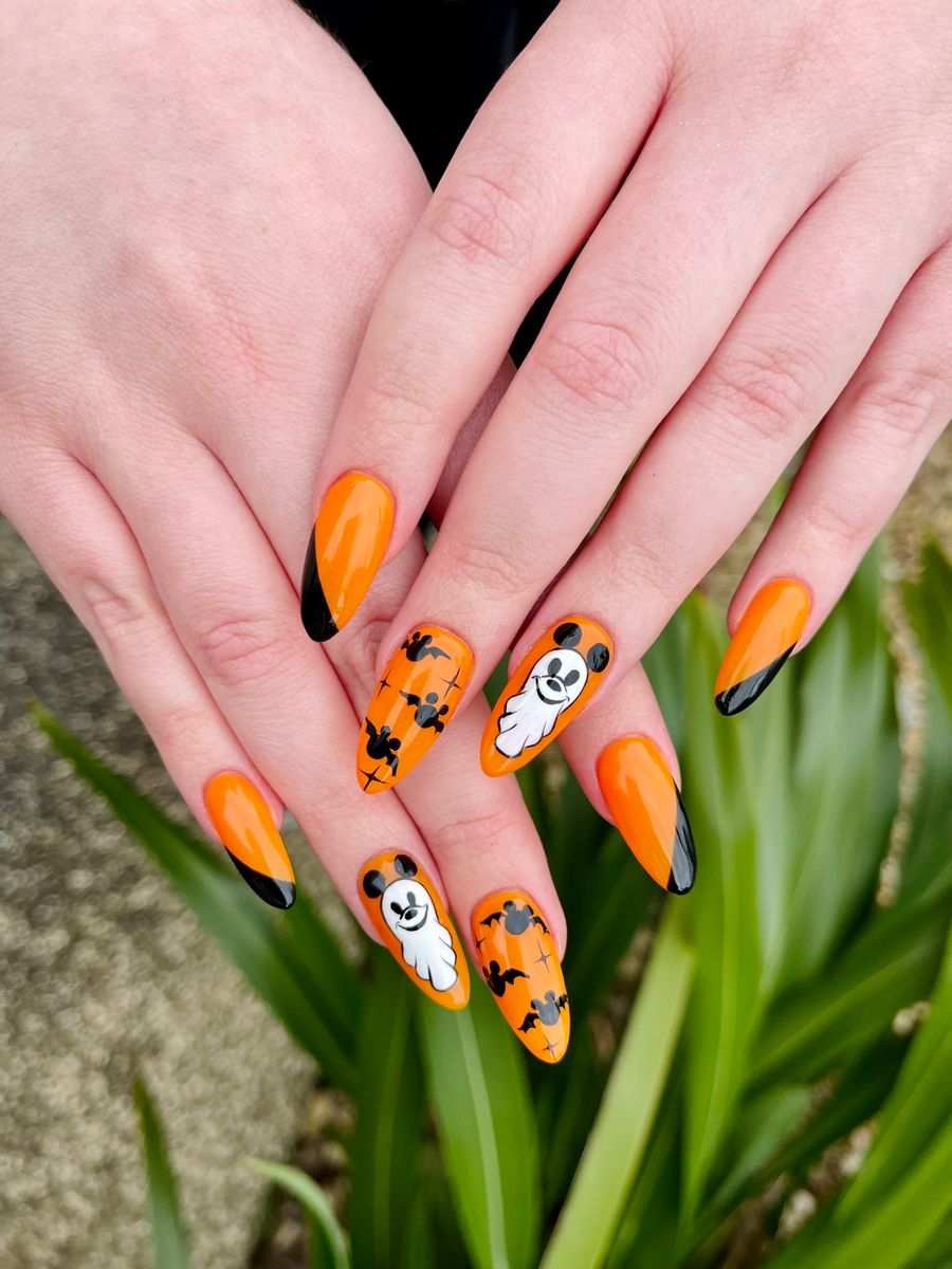 Disney Halloween Nails Vibrant Orange Mickey Ghost