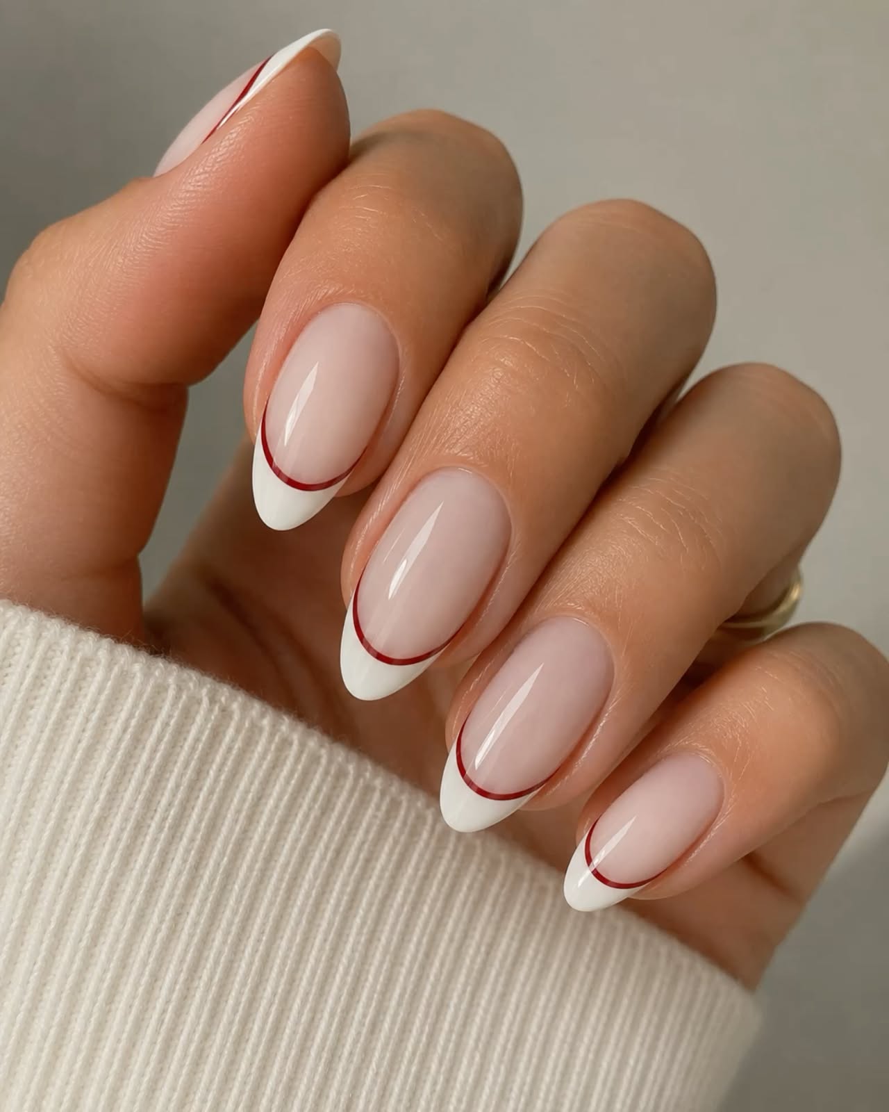 Double French White And Red Outline Almond Nails