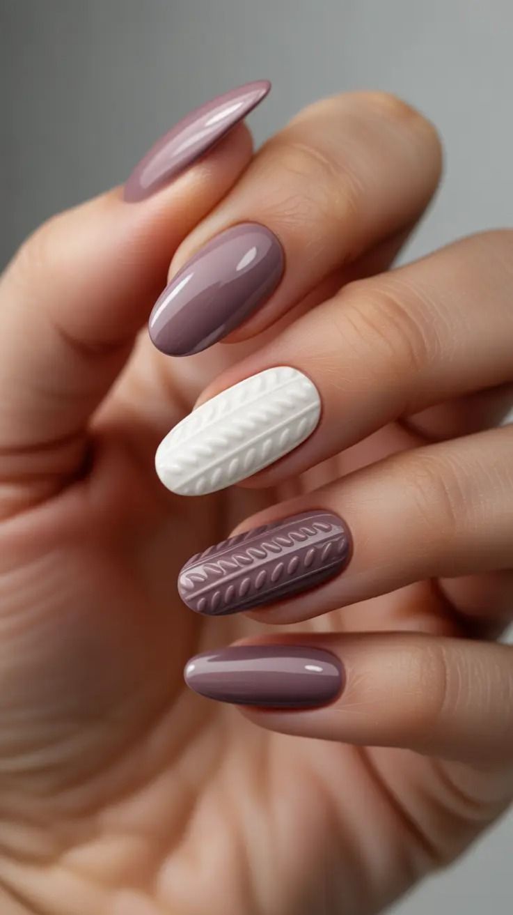 Dusty Mauve And White 3D Knit Sweater Oval Nails