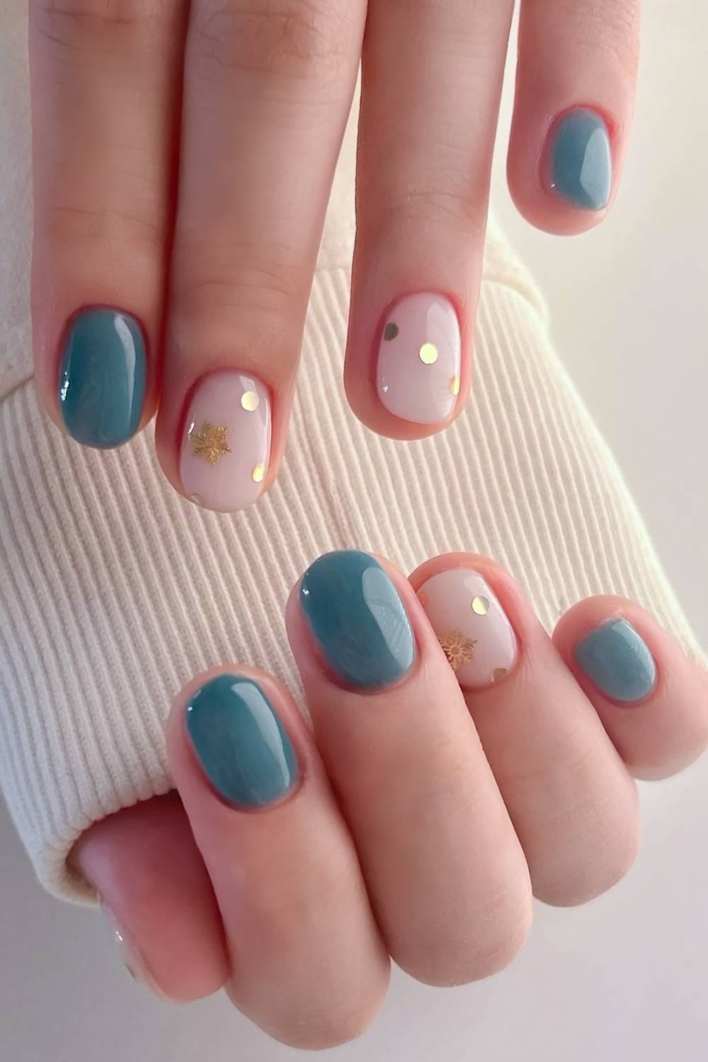 Dusty Teal Gold Snowflake Nails