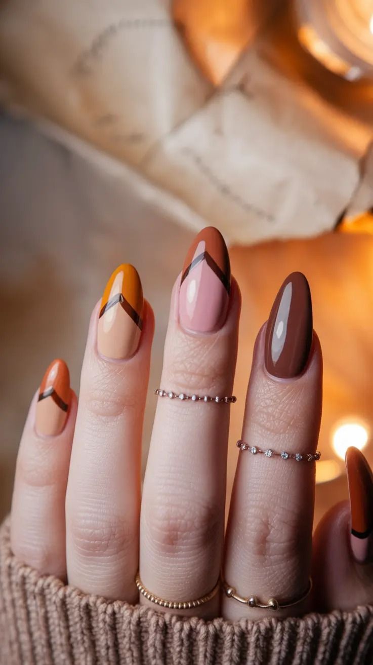 Earth Tone Fall Chevron French Tip Almond Nails