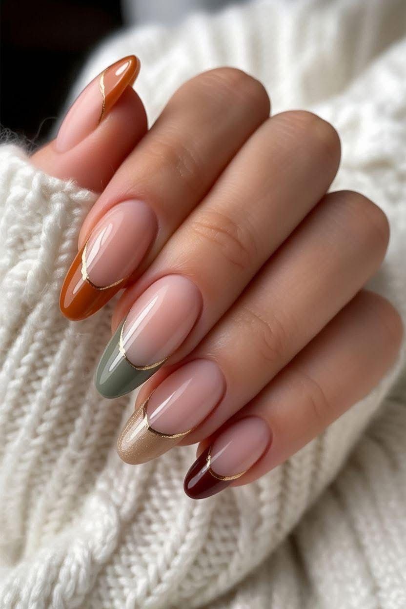 Earthy Multi Color French Tip Almond Nails With Gold Outline