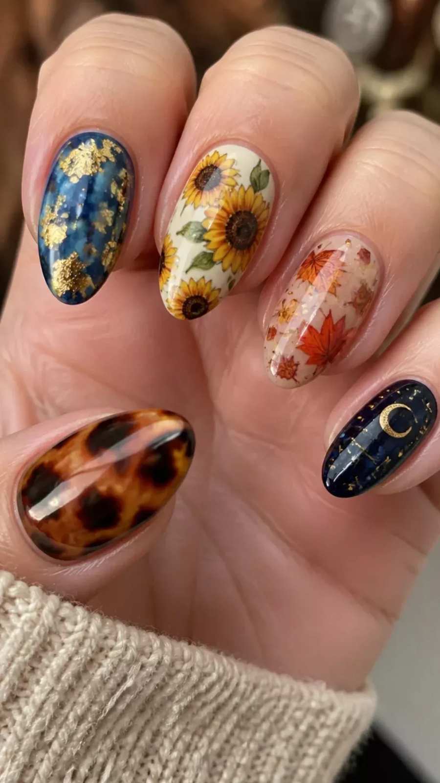 Eclectic Autumn Almond Nails Sunflowers Leaves Tortoiseshell Moon