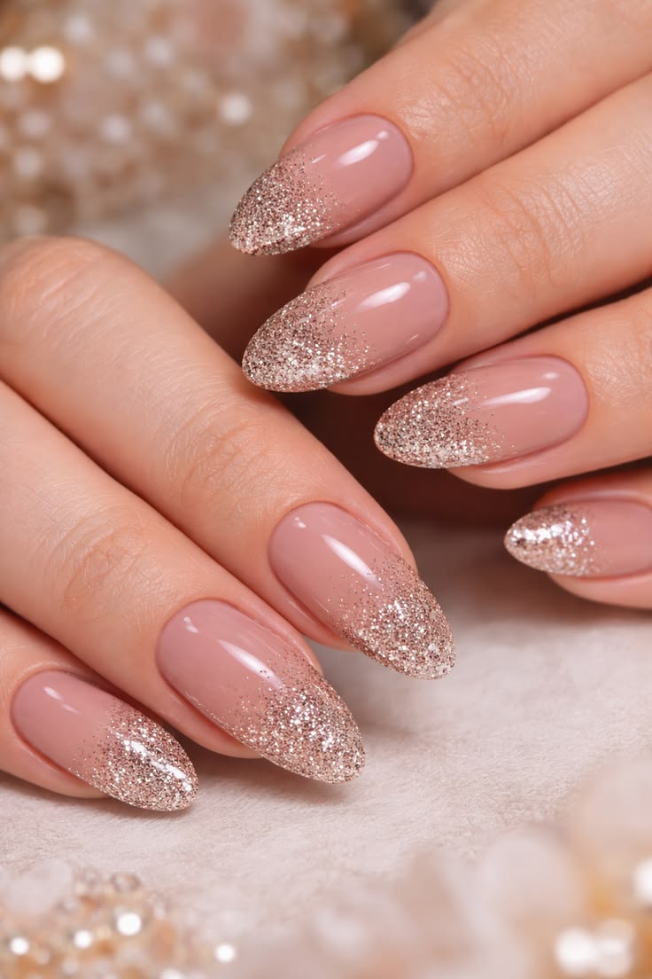 Elegant Almond Nude Nails With Silver Glitter Tips