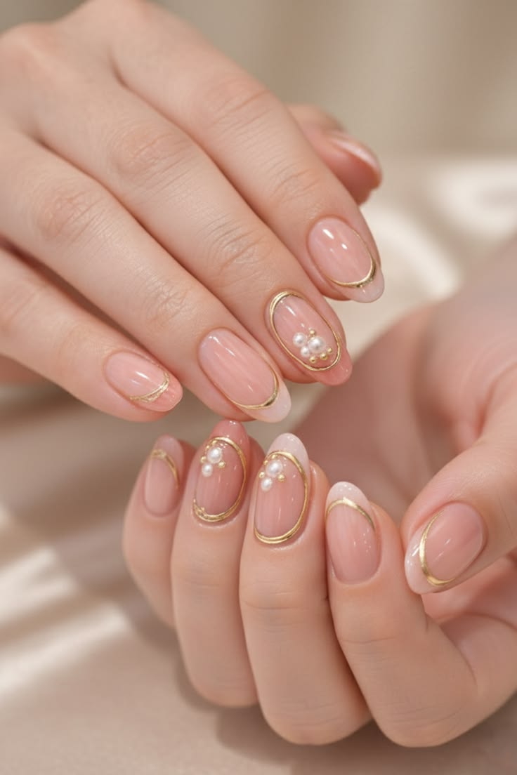 Elegant Blush Nude Almond Nails With Gold Outline & Pearl Accent
