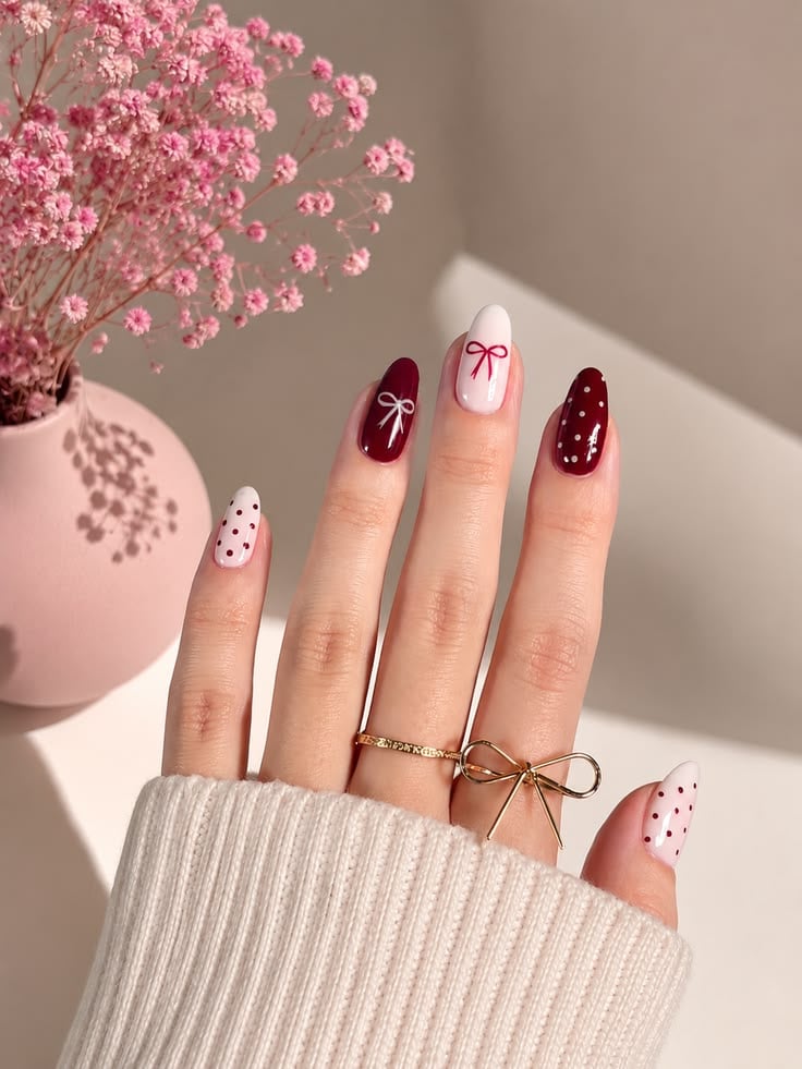 Elegant Burgundy And White Bow Nails
