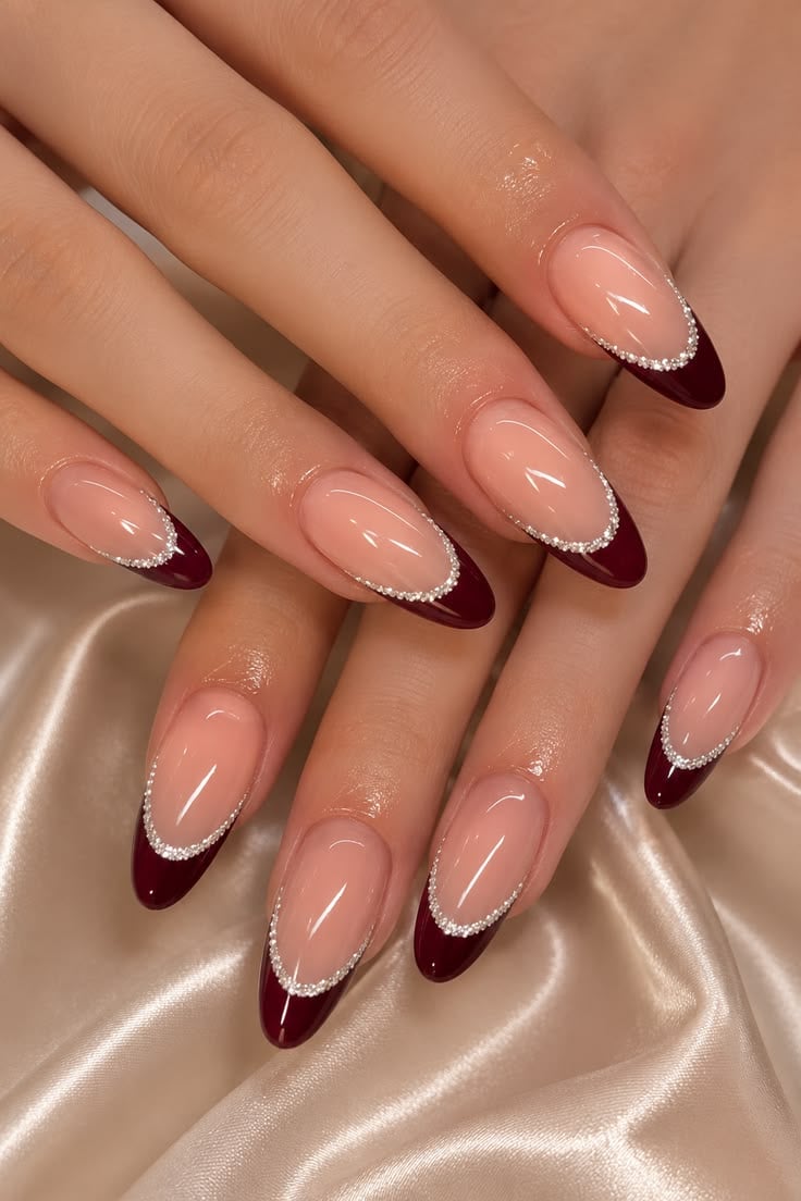 Elegant Burgundy French Tip Nails With Glitter