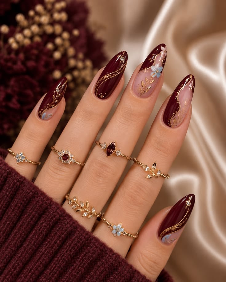Elegant Burgundy & Gold Almond Nails