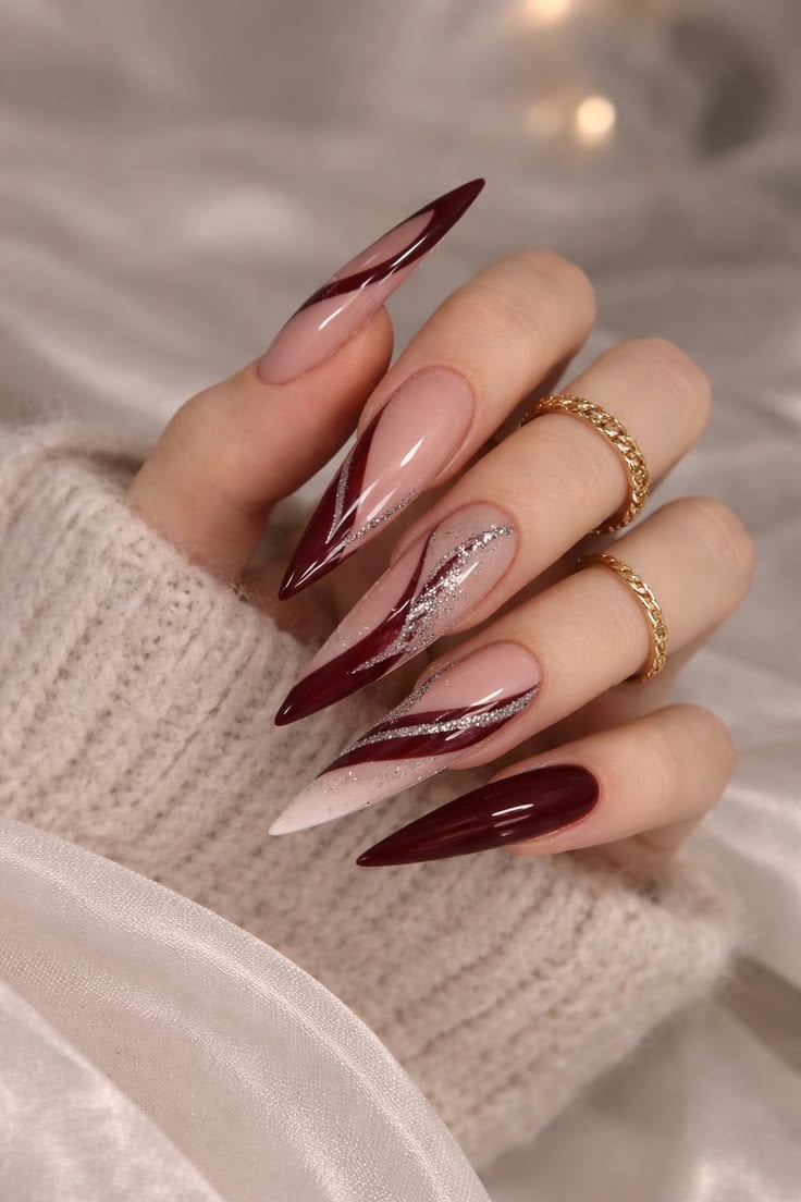 Elegant Burgundy Stiletto Acrylic Nails