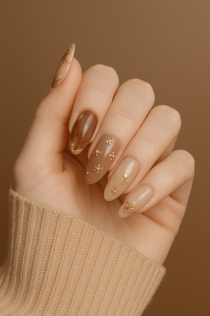 Elegant Floral Nude & Gold Nail Art