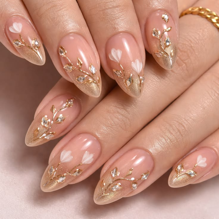 Elegant Nude & Gold Floral Nails