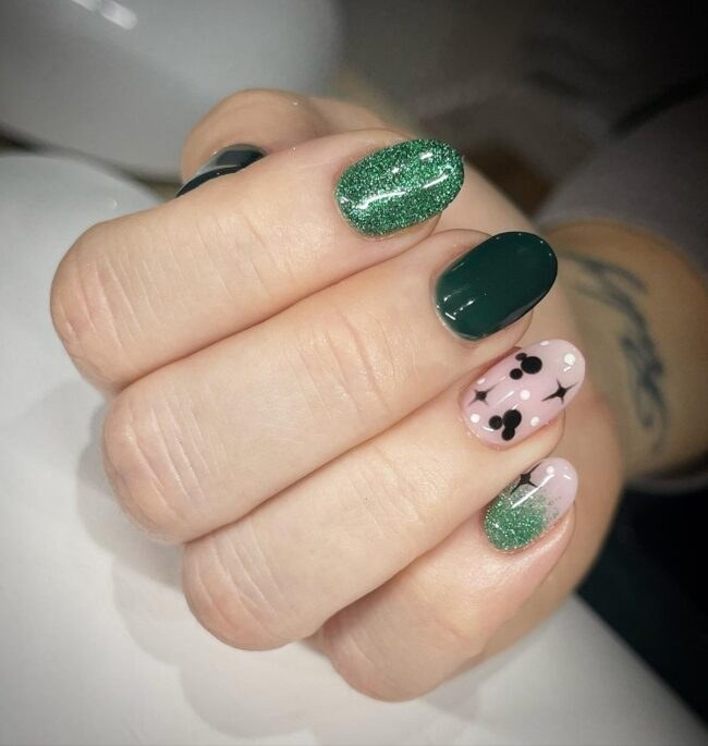 Emerald Glitter Pink Mickey Dot Disney Nails