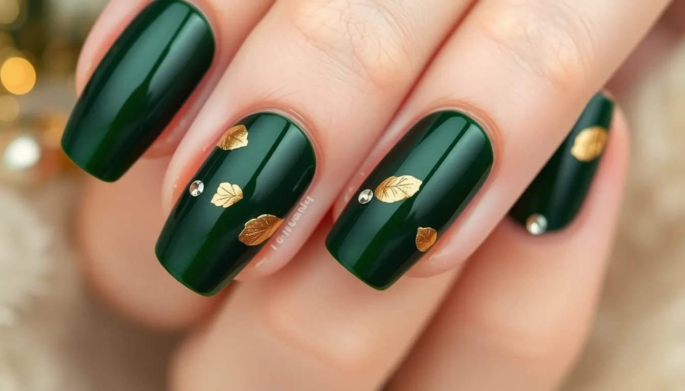Emerald Gold Leaf Short Nails
