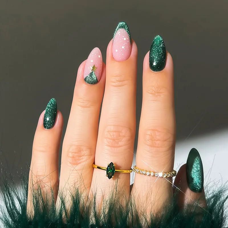 Emerald Green Cat Eye French Tips And Christmas Tree Almond Nails