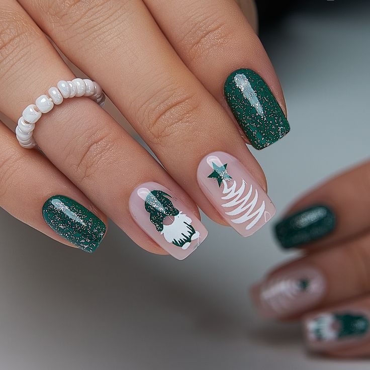 Emerald Green Glitter Christmas Gnome And Tree Nails