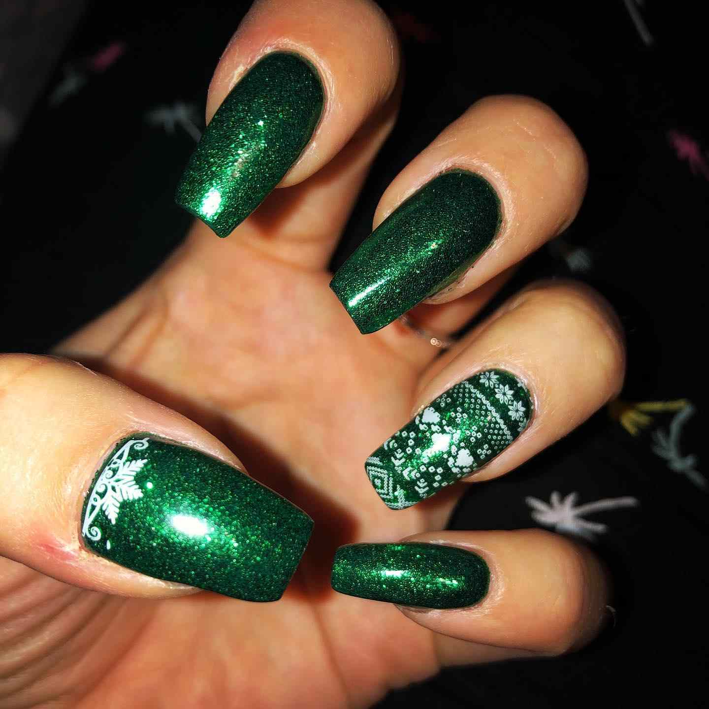 Emerald Green Glitter Snowflake Coffin Nails
