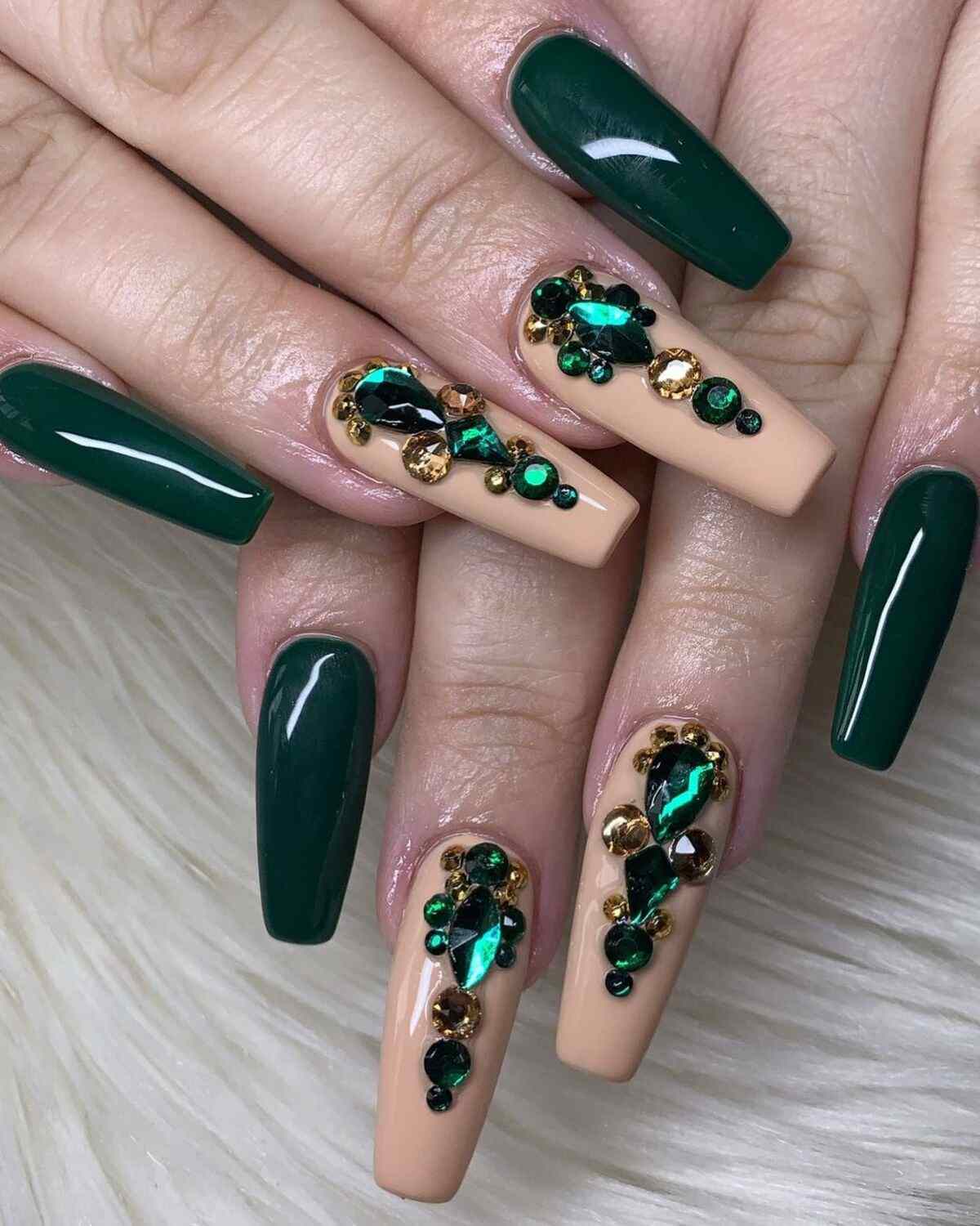 Emerald Green Jeweled Coffin Nails