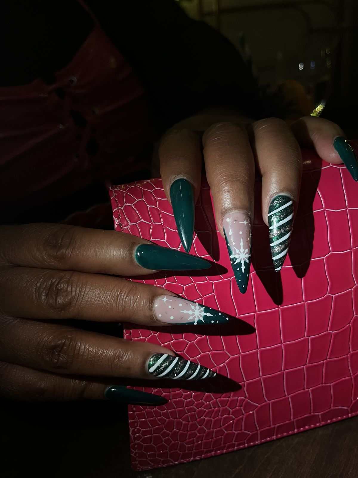 Emerald Green Snowflake Stiletto Nails