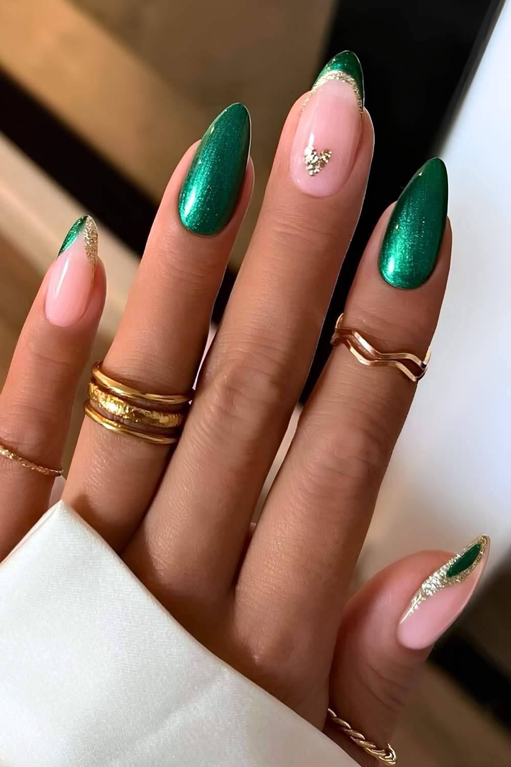 Emerald Metallic Glitter French Nails