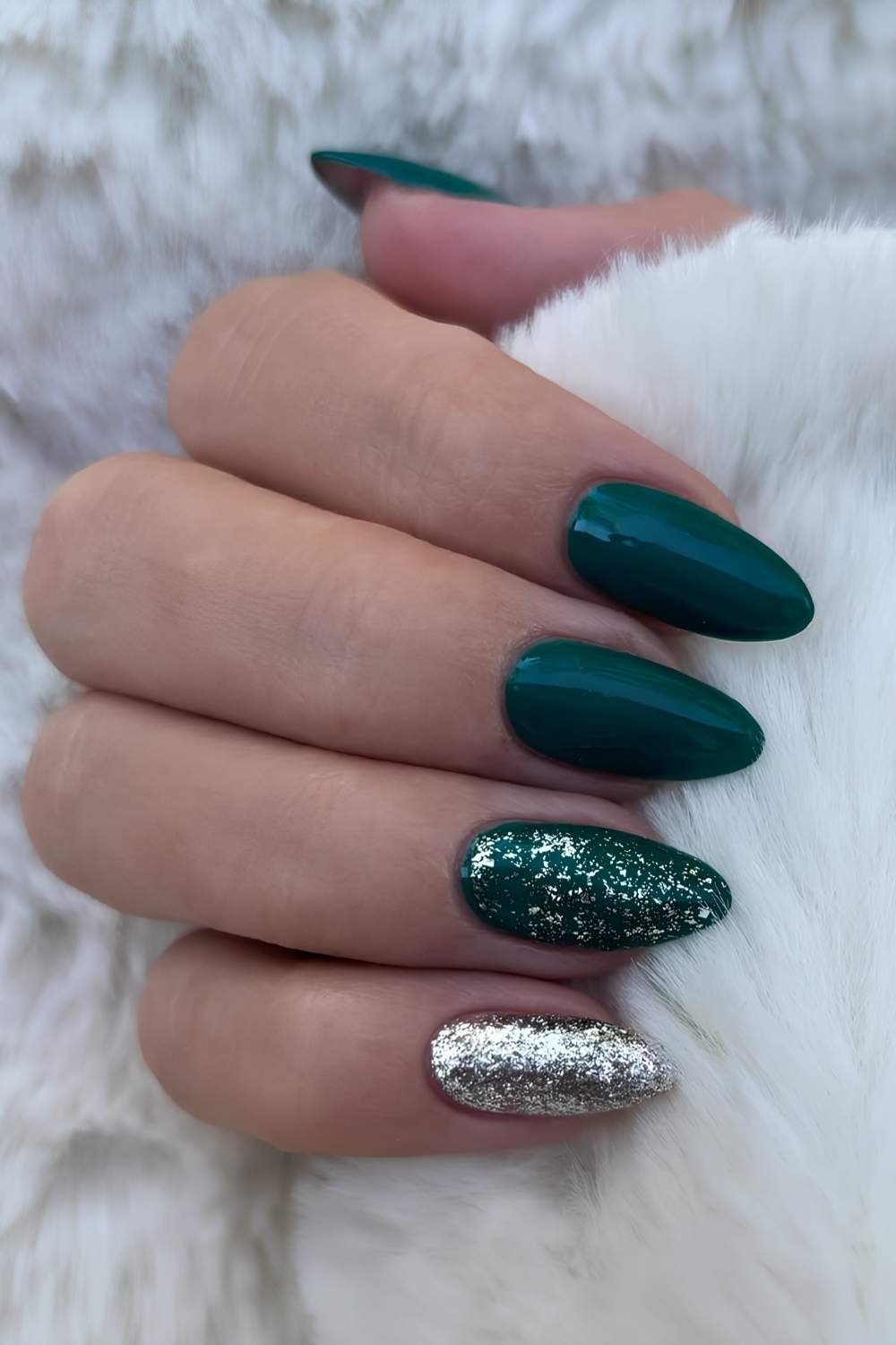 Emerald Silver Glitter Almond Nails