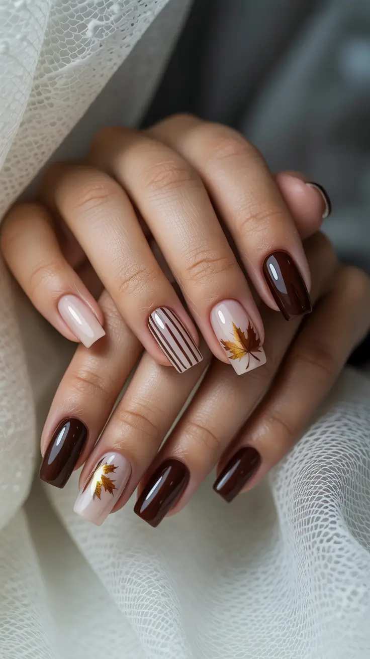 Espresso Brown And Gold Maple Leaf Square Fall Nails