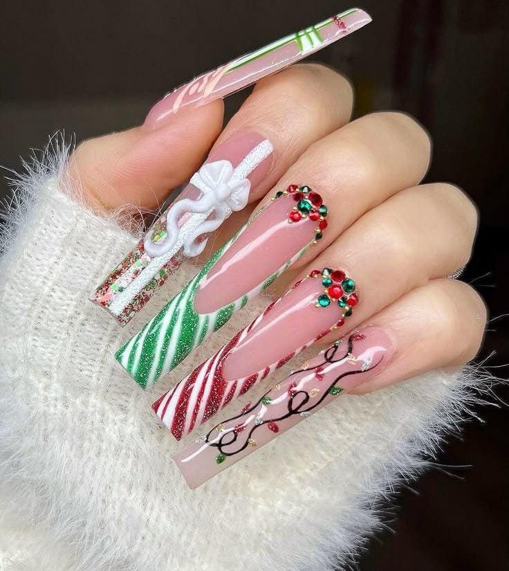 Extra Long Candy Glam Christmas Nails