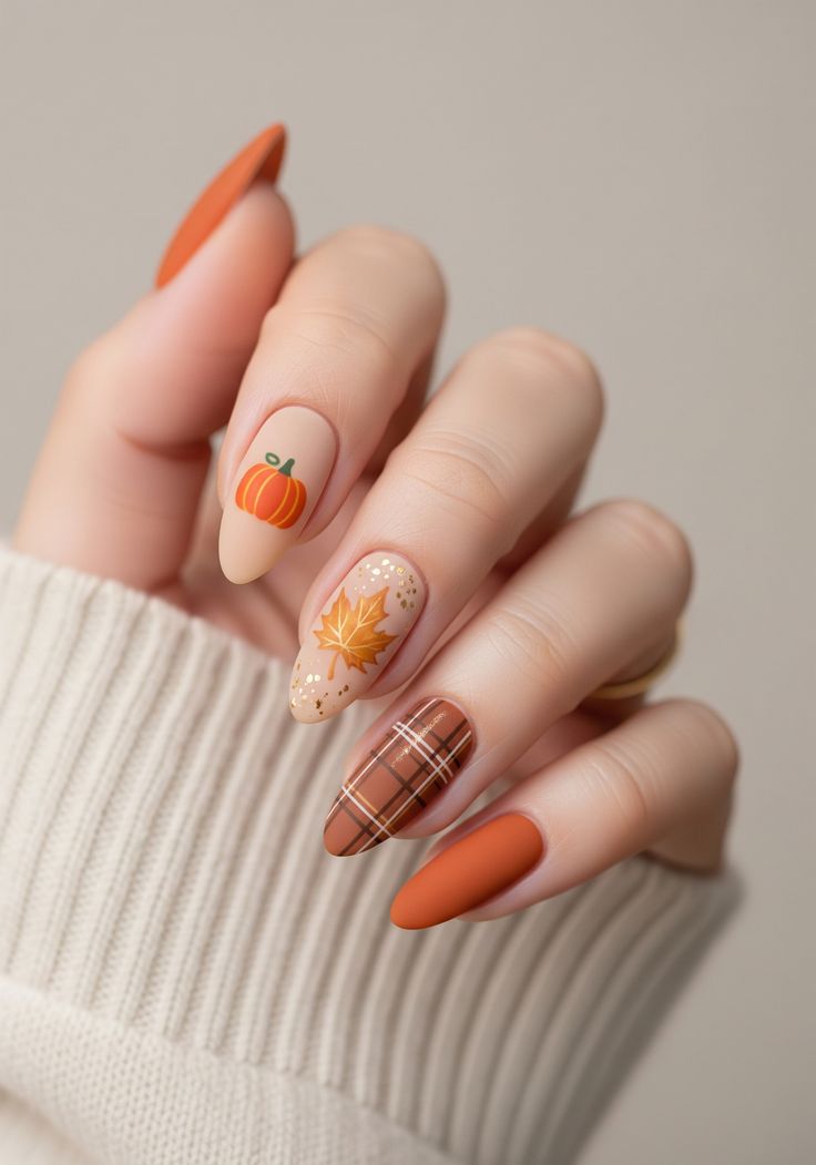 Fall Pumpkin And Plaid Nails