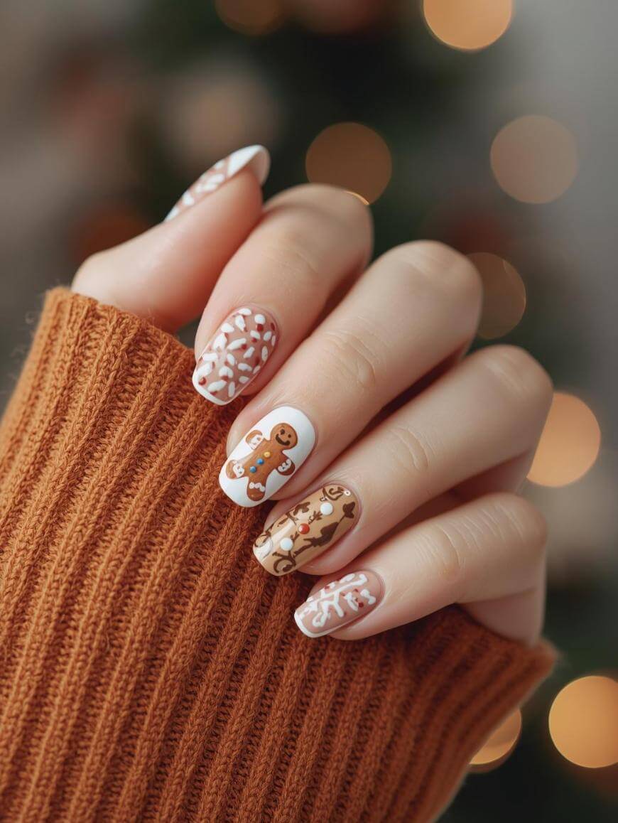 Festive Gingerbread Snowflake Swirl Nails