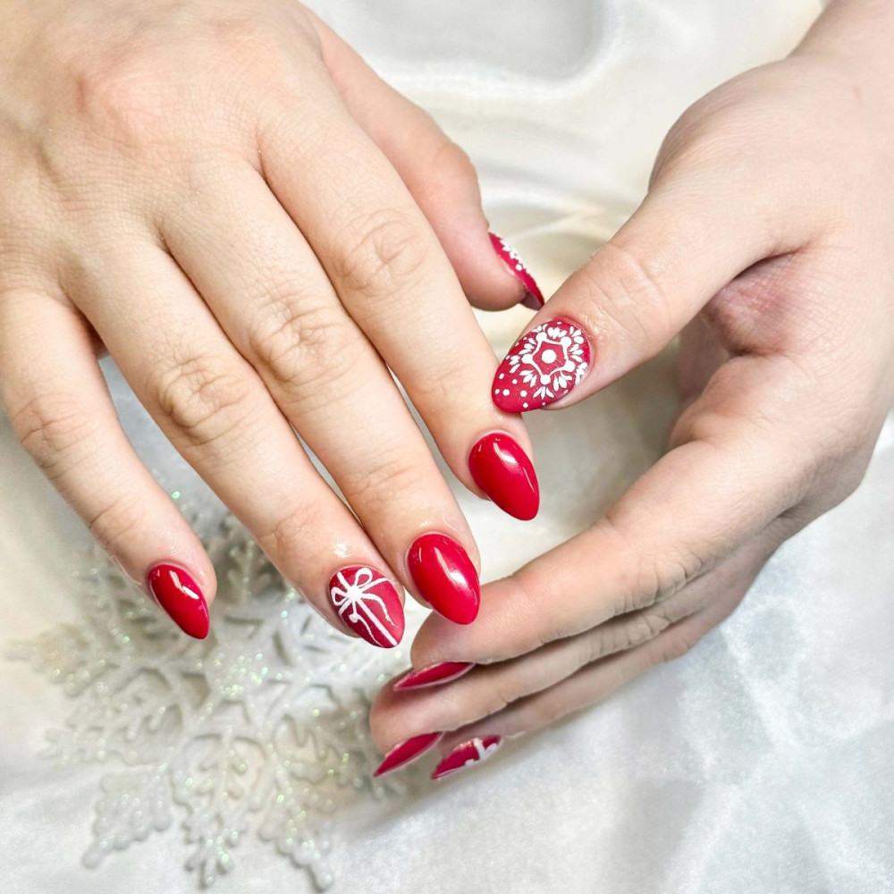 Festive Red Snowflake Bow Simple Nails