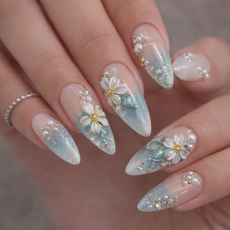 Floral And Pearl Nails