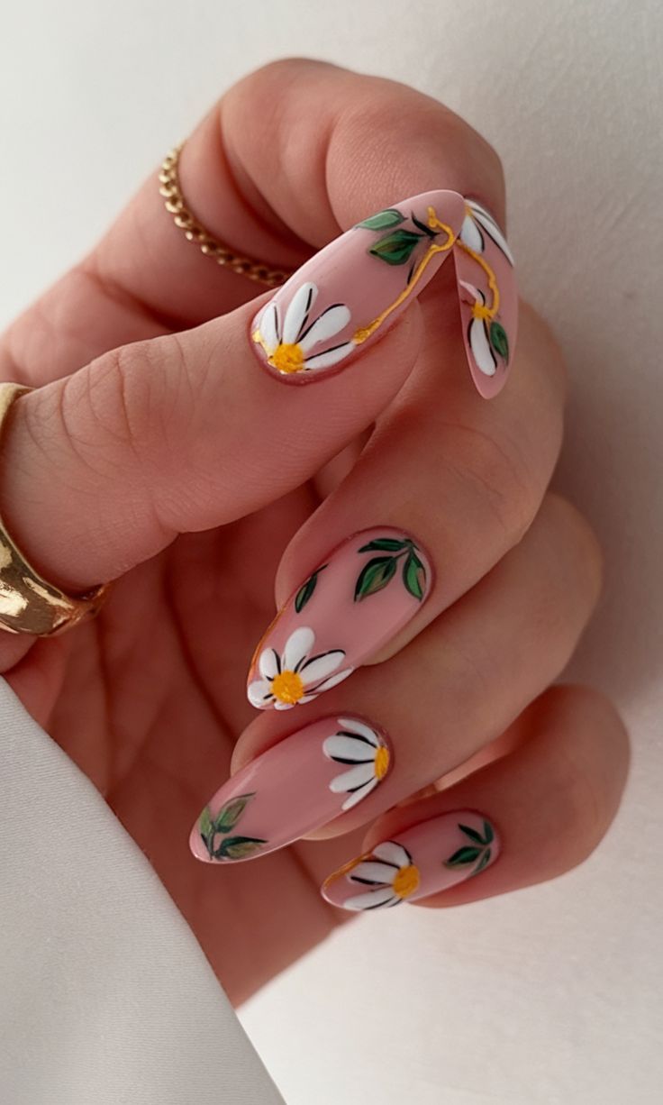 Floral Pink Almond Nails