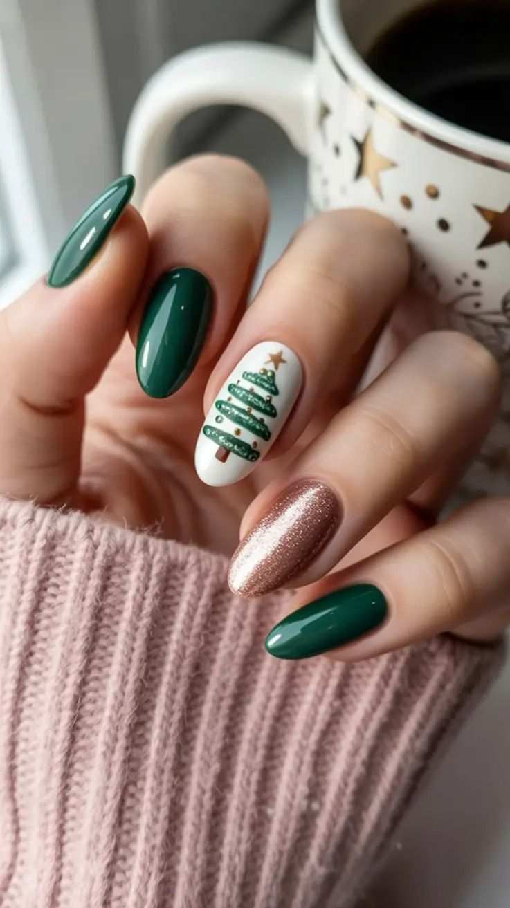Forest Green And Rose Gold Glitter Christmas Tree Nails